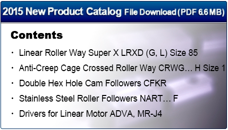 2015 New Products Catalog file download (PDF 6.6 MB) Contents ? Linear Roller Way Super X LRXD(G,L) Size 85 ? Anti-Creep Cage Crossed Roller Way CRWGH Size 1 ? Double Hex Hole Cam Followers CFKR ? Stainless Steel Roller Followers NARTF ? Linear Motor Drivers ADVA, MR-J4